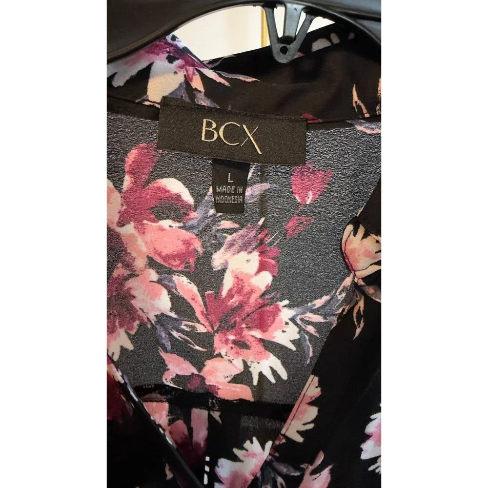 BCX Portofino Woven Top Black Floral Roll‑Tab Sleeves L NWT $79 - Picture 7 of 7